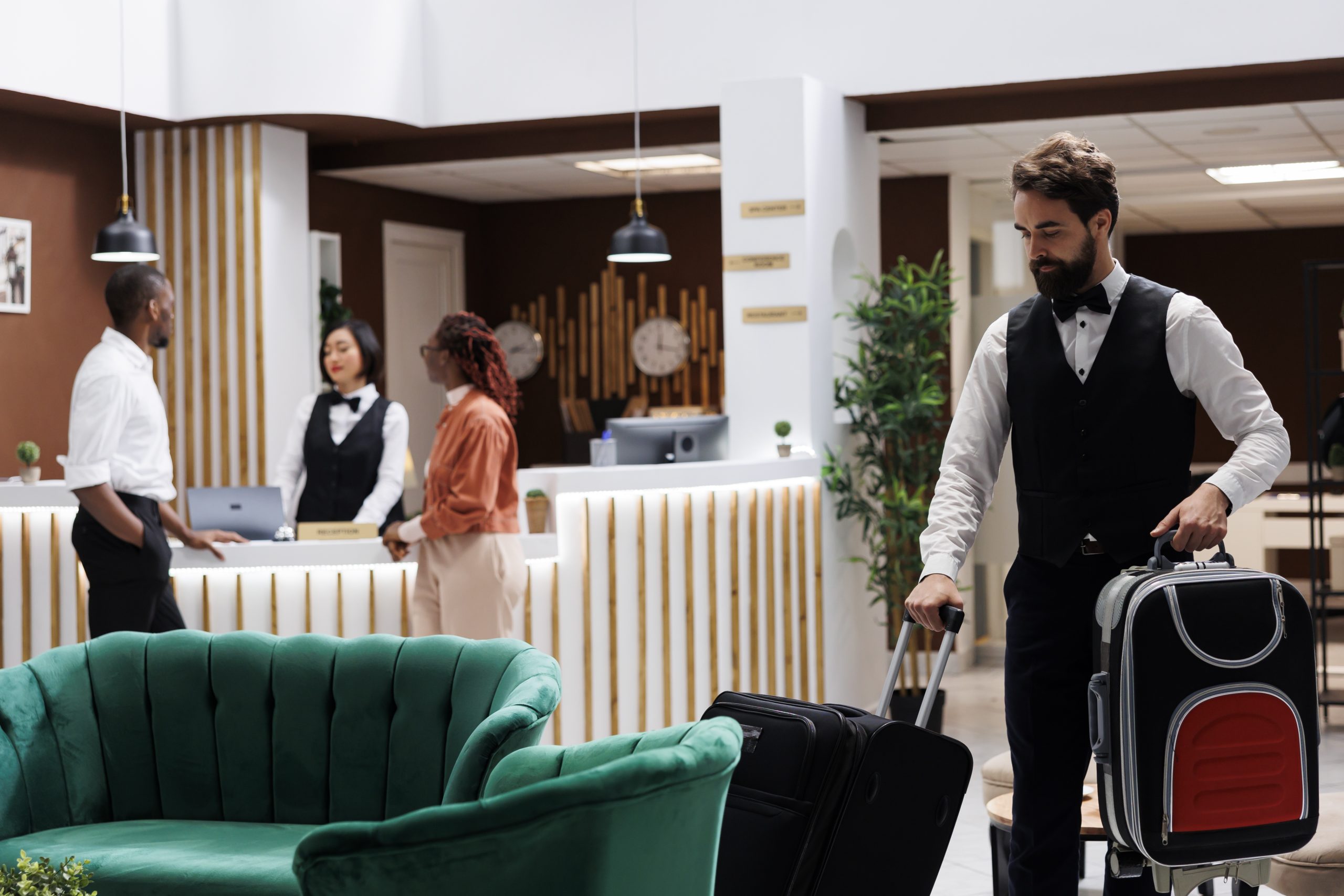Hotel bellboy carrying bags for guests, helping tourists to find room after doing check in procedure. Male employee acting as concierge, providing luxury service for people with luggage.